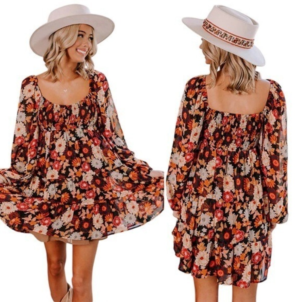 Dress Forum floral autumn smocked puff long sleeves mini dress S